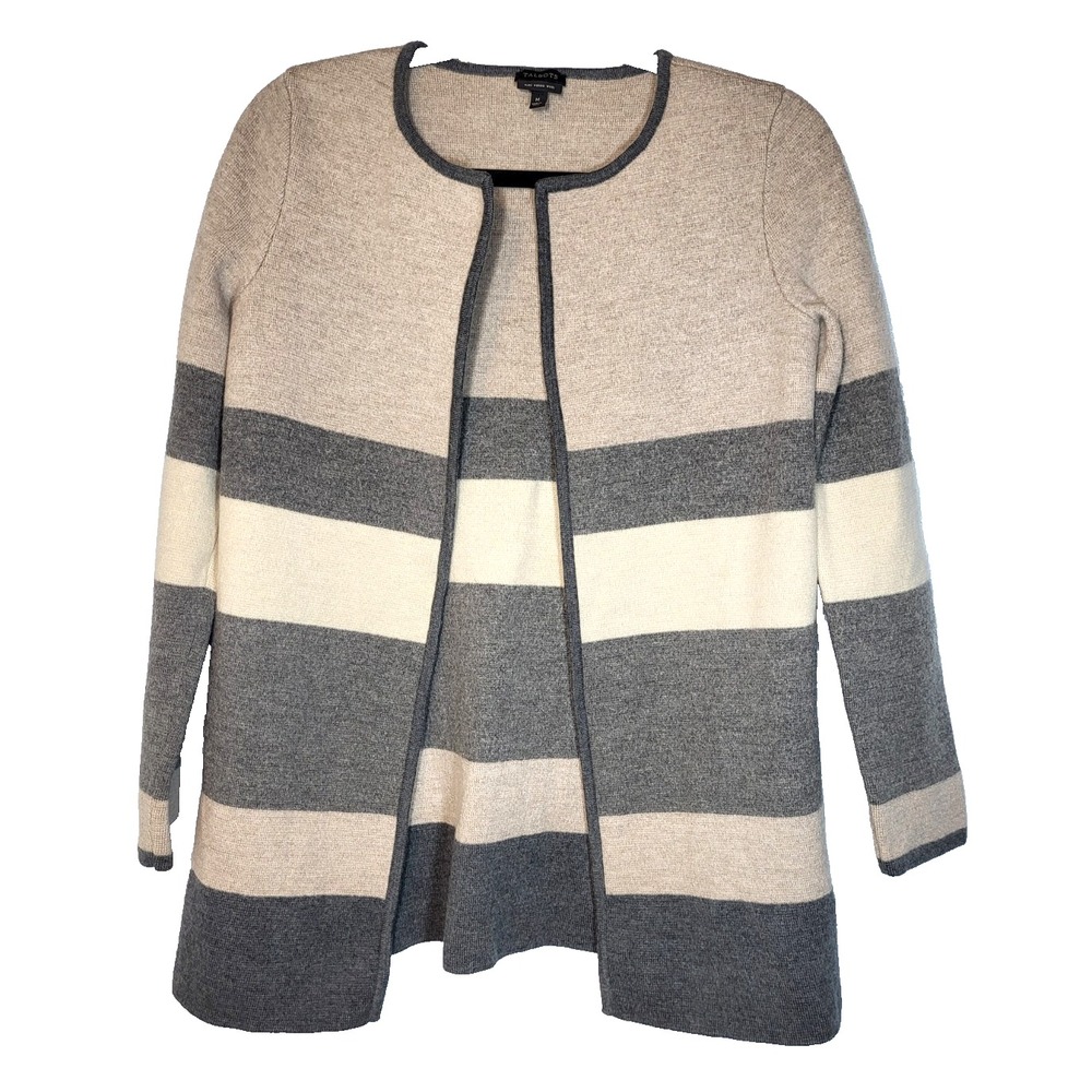 Talbots Heavy Wool Cream/Gray Color Blocked Open Cardigan Duster Size Medium - Picture 1 of 7